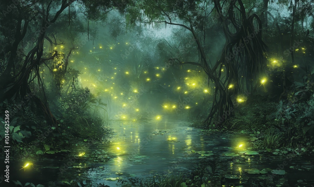 Obraz premium A stream in a dark, enchanted forest.