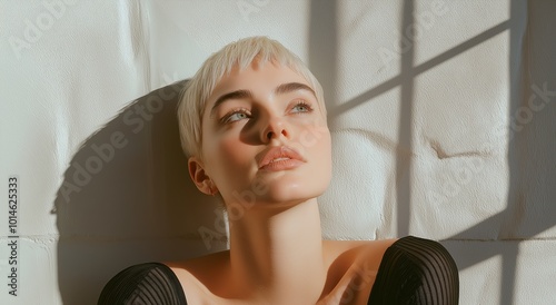 Woman with blonde hair and blue eyes. She is wearing a black shirt and black pants. woman with short platinum blonde hair, dressed in black, exuding sophistication and confidence through her calm