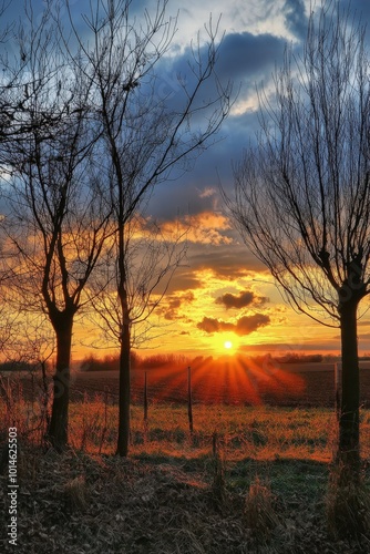 Golden sunset with silhouetted trees and vibrant clouds