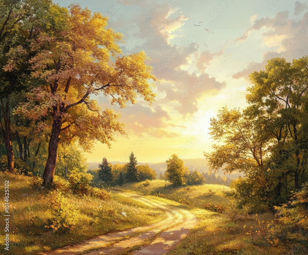 Obraz premium Sunset over a tranquil countryside with winding paths and colorful trees