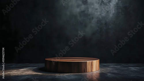 Fototapeta Naklejka Na Ścianę i Meble -  3d luxury wood podium with black background for your luxury product, Wood podium stand with natural rock, pedestal for brand product exhibition
