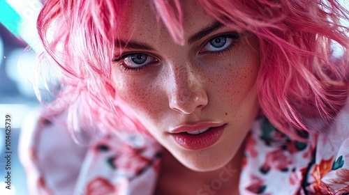 Intimate close-up of a freckled woman with vibrant pink hair, wearing a floral dress, looking directly at the camera with a captivating and piercing gaze. photo