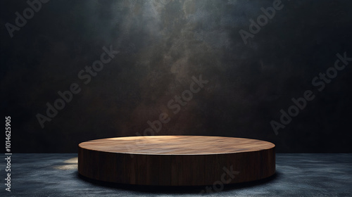 Fototapeta Naklejka Na Ścianę i Meble -  3d luxury wood podium with black background for your luxury product, Wood podium stand with natural rock, pedestal for brand product exhibition
