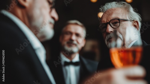 Three older men in formal wear, including black suits and bow-ties, toast with glasses of rose wine, embodying camaraderie and celebration in an elegant setting. photo