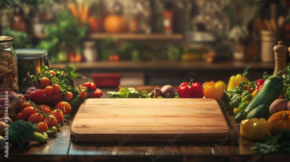 A vibrant kitchen atmosphere showcasing an empty wooden board surrounded by an array of colorful fruits and vegetables, enhanced by an assortment of kitchen utensils in the background. A vibrant kitchen atmosphere showcasing an empty wooden board surrounded by an array of colorful fruits and vegetables, enhanced by an assortment of kitchen utensils in the background.