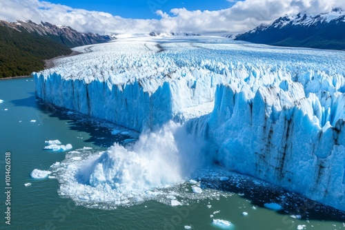 Glacial Splendor, a majestic glacier towers above tranquil waters, icebergs drifting nearby, with sunlit snow-capped peaks reflecting natures breathtaking beauty.