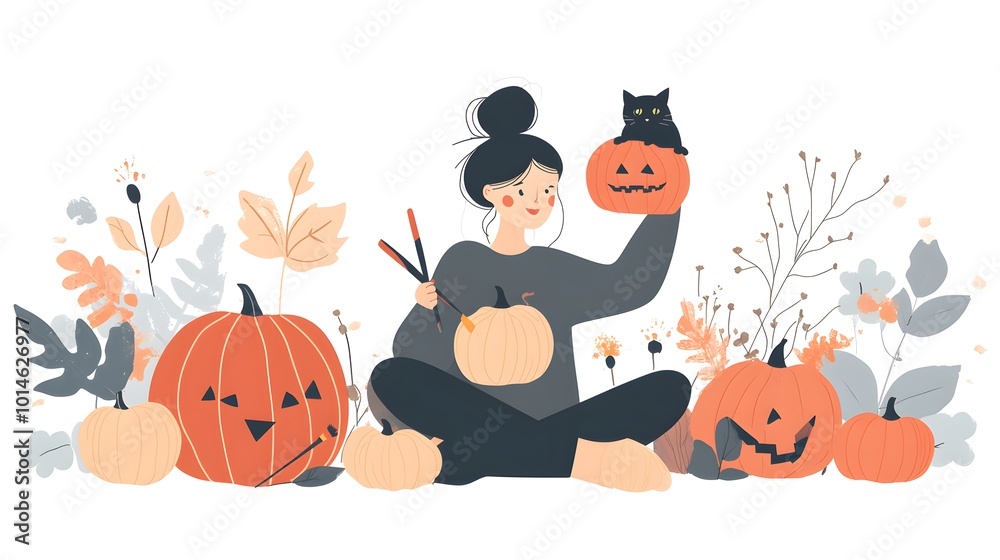 Hand-drawn vector illustration of a woman with brown hair and a cat sitting on her lap, painting pumpkins on a white background Hand-drawn vector illustration of a woman with brown hair and a cat sitting on her lap, painting pumpkins on a white background