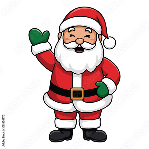 Cartoon Santa Claus cheerfully waving his hand, dressed in his traditional red suit and hat, spreading holiday joy