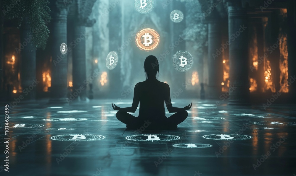 Silhouette meditates surrounded by Bitcoin symbols. Silhouette meditates surrounded by Bitcoin symbols.