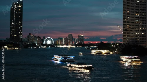 Bangkok city Chao Phraya river bridge at sunset, romantic atmosphere