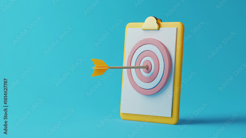An arrow perfectly hitting the bullseye of a target attached to a yellow clipboard against a vibrant blue background. Symbol of precision and goals.
An arrow perfectly hitting the bullseye of a target attached to a yellow clipboard against a vibrant blue background. Symbol of precision and goals.