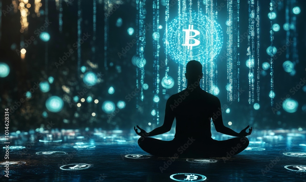 Silhouetted figure meditating with Bitcoin symbols. Silhouetted figure meditating with Bitcoin symbols.