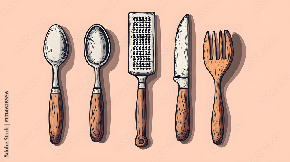 Kitchen Utensil Set: Spoons, Fork, Knife & Grater Kitchen Utensil Set: Spoons, Fork, Knife & Grater