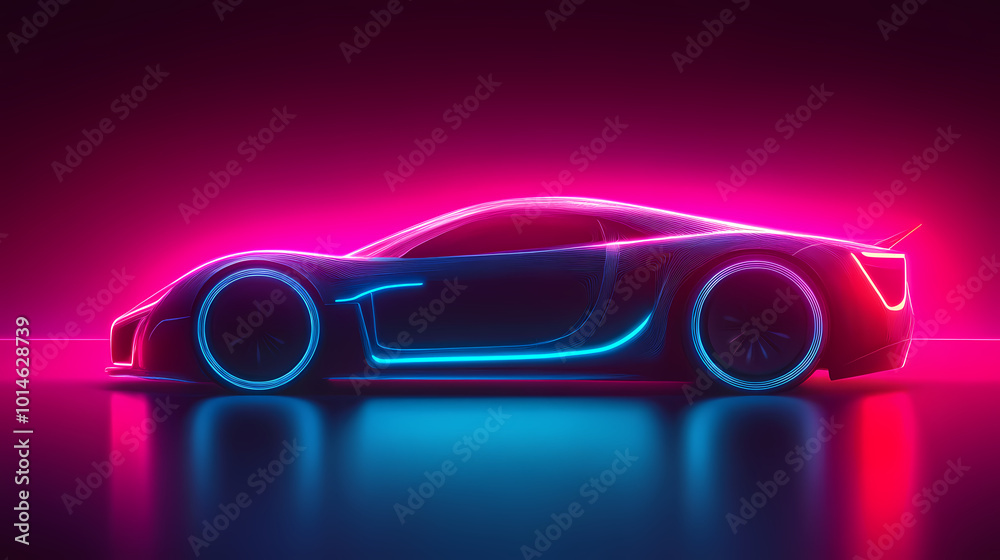 Vector illustration of an abstract futuristic neon-glowing concept car silhouette. Vector illustration of an abstract futuristic neon-glowing concept car silhouette.