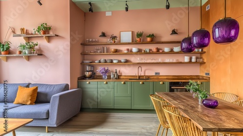 Chic flat with olive green kitchen cabinets, wooden shelves, peach walls, amethyst pendant lights, slate grey sofa, and goldenrod dining chairs photo