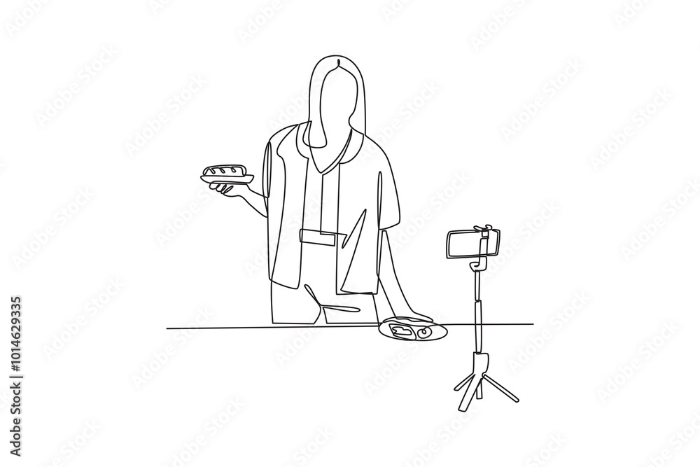 simple continuous line drawing of a food vlogger is filming in front of the camera. Food vlogger minimalist concept. Food, people, simple line. simple continuous line drawing of a food vlogger is filming in front of the camera. Food vlogger minimalist concept. Food, people, simple line.