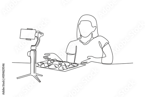 simple continuous line drawing of a food vlogger is filming in front of the camera. Food vlogger minimalist concept. Food, people, simple line.