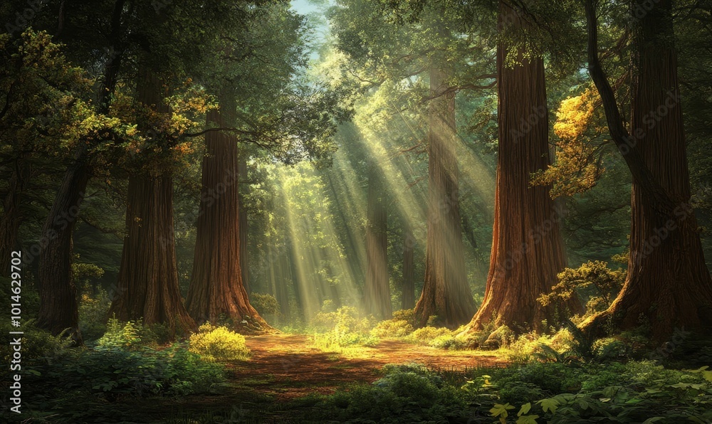 Obraz premium Sunlight beams through tall trees in a forest.