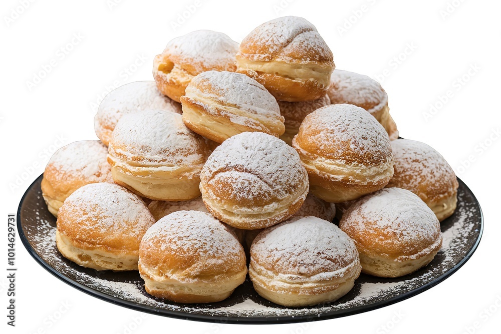a white plate with a mound of round pastries dusted with white powdered sugar. a white plate with a mound of round pastries dusted with white powdered sugar.
