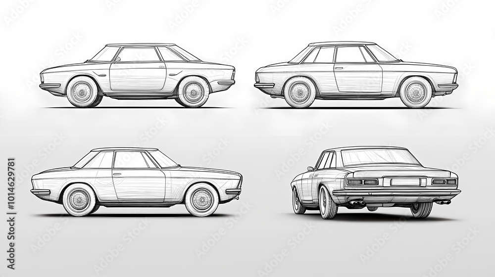 car thin line drawing different view set car thin line drawing different view set