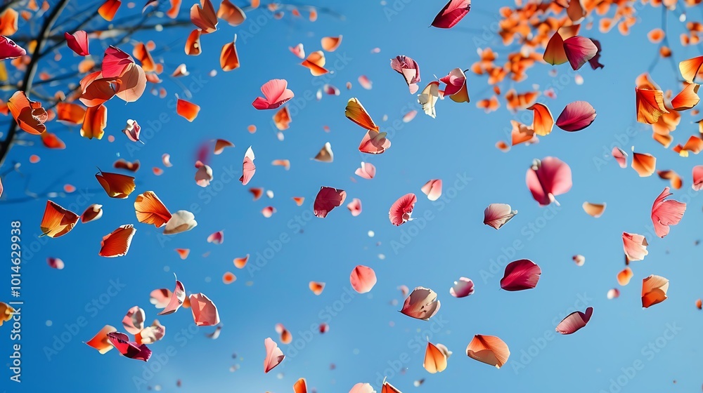 Falling red and orange petals on blue sky background Falling red and orange petals on blue sky background
