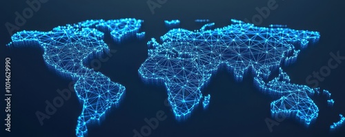 A digital world map illuminated with blue lights, representing global connectivity and technology.