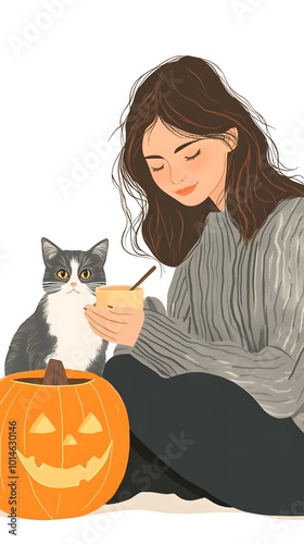 Hand-drawn vector illustration of a woman with brown hair and a cat sitting on her lap, painting pumpkins on a white background