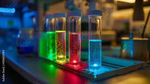 Various clear test tubes filled with brightly colored liquids glow under artificial lights in a laboratory setting. Each tube displays different hues, showcasing a mix of colors during an experiment.