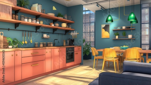 Chic flat with salmon kitchen cabinets, wooden shelves, sky blue walls, emerald lighting, charcoal sofa, and goldenrod dining chairs