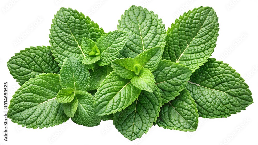 A sprig of mint leaves arranged artfully on a transparent PNG A sprig of mint leaves arranged artfully on a transparent PNG