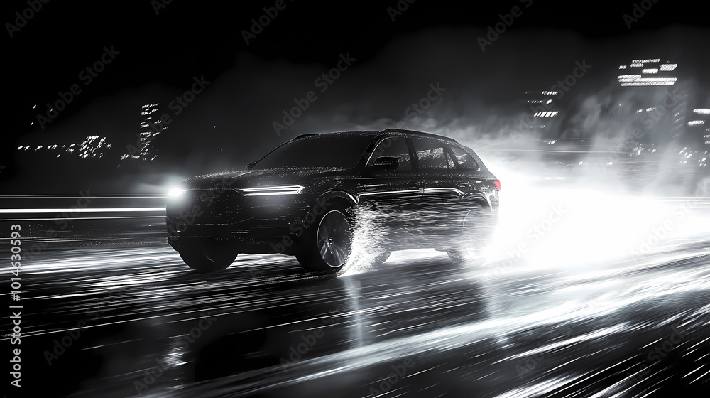 Vector illustration of a fast moving black SUV car with wind lines racing at high speed in a foggy night. Black and white automotive horizontal poster banner design in a luxury style.