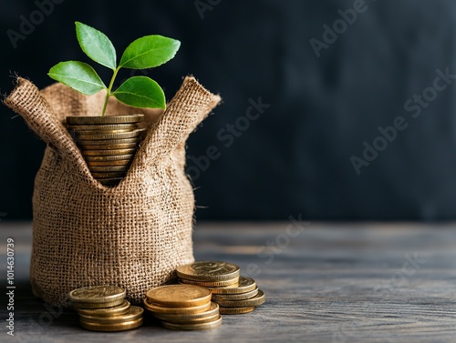 A money bag with coins and a green plant symbolizes growth and investment in financial success.