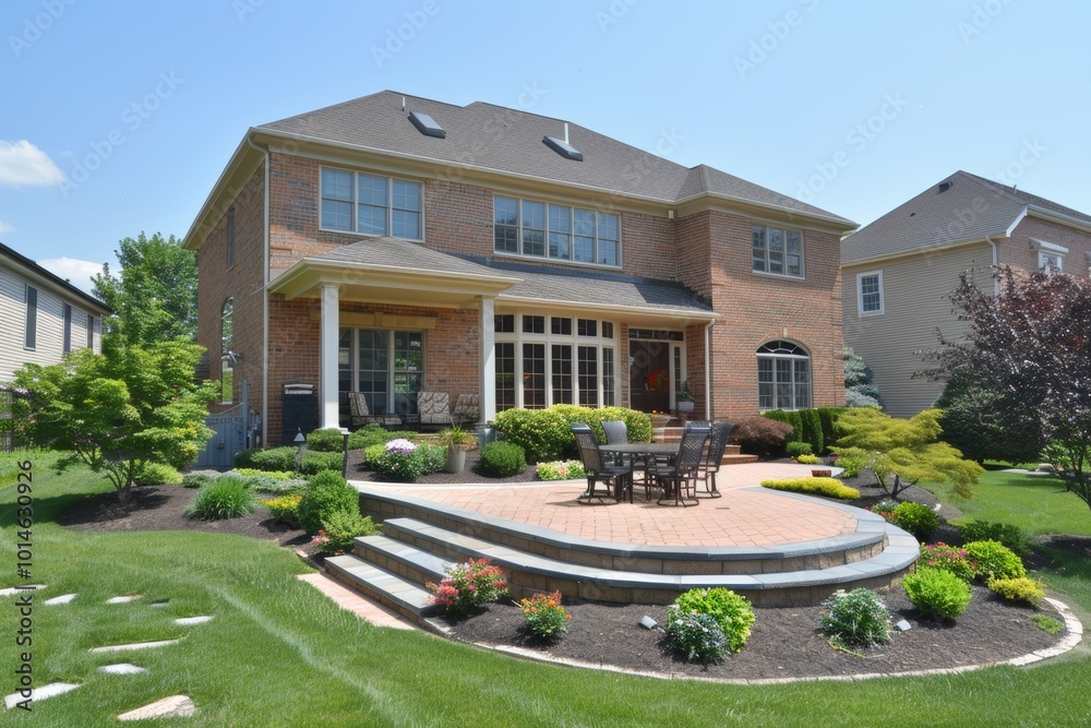 A brick house with a large patio and lush landscaping. The patio has a table and chairs, perfect for outdoor dining. A brick house with a large patio and lush landscaping. The patio has a table and chairs, perfect for outdoor dining.