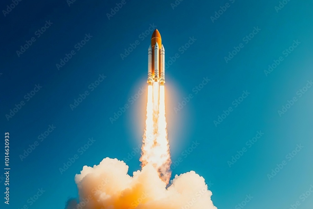 A powerful rocket ascends against a clear blue sky, leaving trails of smoke and fire in its wake, symbolizing innovation and exploration. A powerful rocket ascends against a clear blue sky, leaving trails of smoke and fire in its wake, symbolizing innovation and exploration.