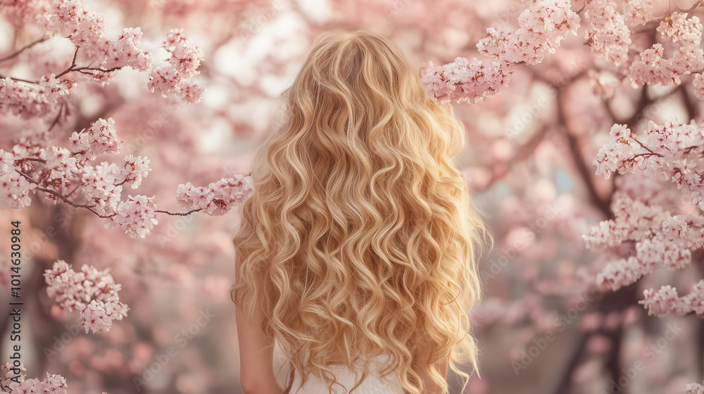 Fototapeta premium Młoda kobieta z długimi, kręconymi blond włosami, widoczna z tyłu, delikatnie trzyma gałązkę sakury, która zachwyca swoją urodą. Kwiaty wiśni rozkwitają w pełnej krasie, otaczając ją aurą lekkości.