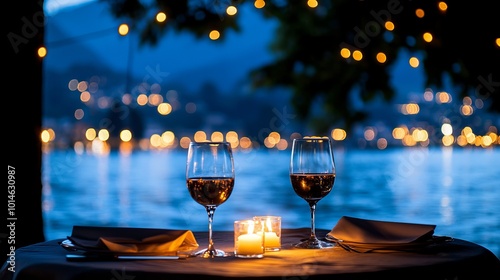 A romantic dinner setting near a lake with glowing candlelight, perfect for a couple's evening under the stars.