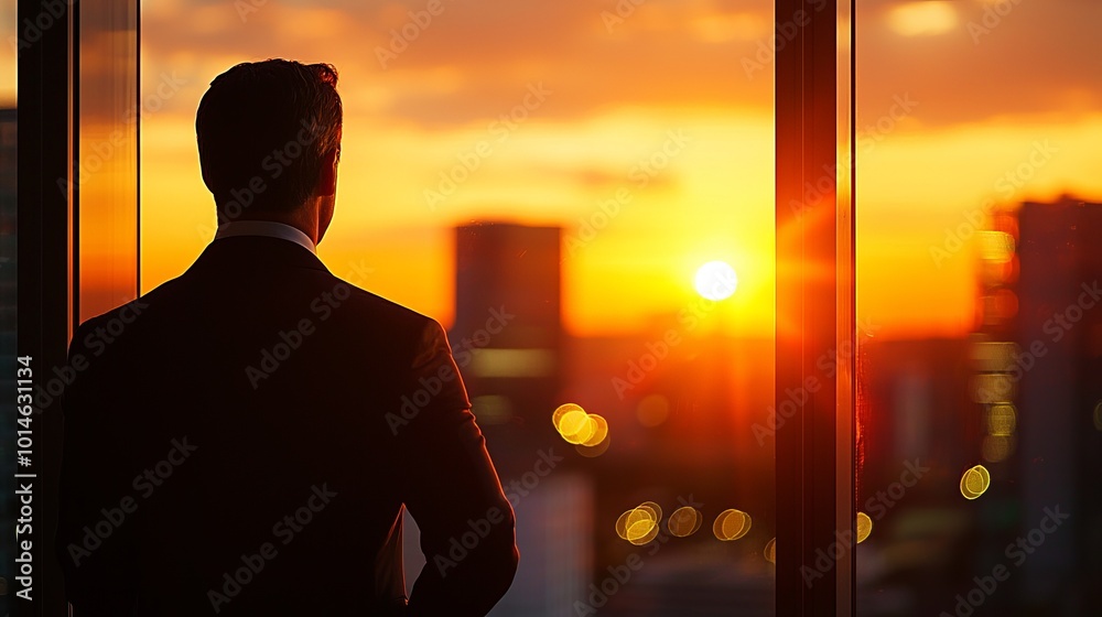 A silhouette of a businessman watching a stunning sunset from an office window, reflecting on success and new opportunities. A silhouette of a businessman watching a stunning sunset from an office window, reflecting on success and new opportunities.