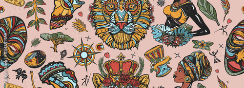 Africa seamless pattern. Ethnic afro girl and lion face. Tradition and culture background. African woman in traditional turban, tribal mask, map