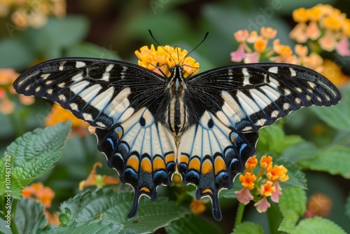 Colorful butterflies with unique wings flutter gracefully above vibrant flowers in nature s garden. photo