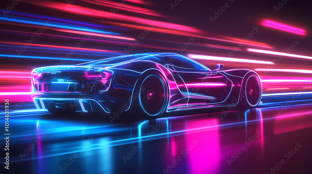 Vector illustration.port car of the future. Concept of neon. A virtual control system that glows. Road traffic. Background for interfaces, logos, banners. Vector illustration.port car of the future. Concept of neon. A virtual control system that glows. Road traffic. Background for interfaces, logos, banners.