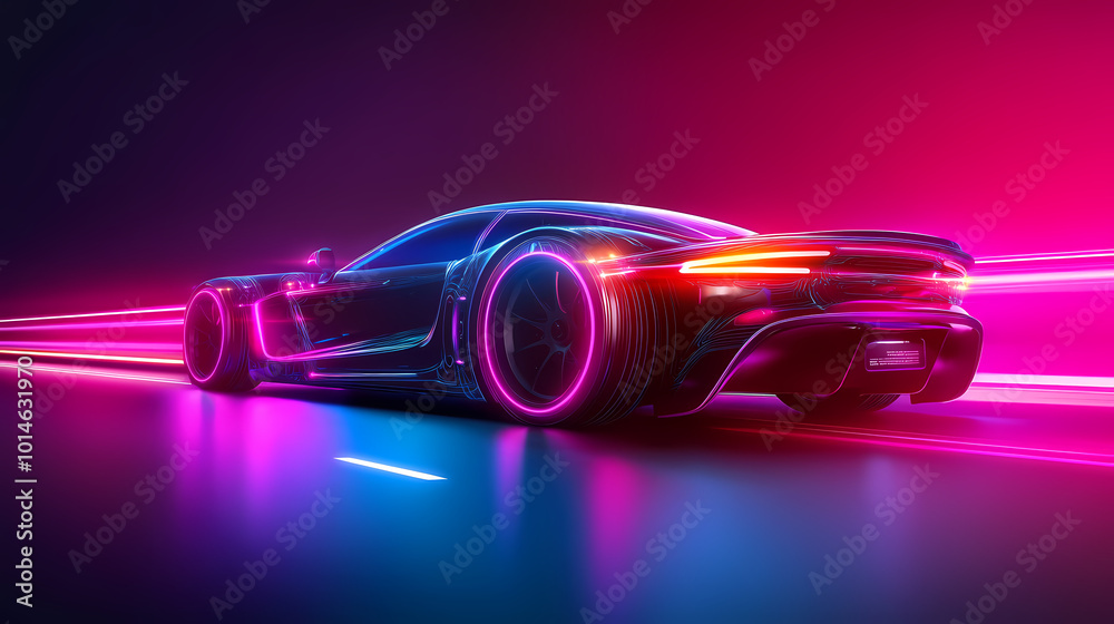 Vector illustration.port car of the future. Concept of neon. A virtual control system that glows. Road traffic. Background for interfaces, logos, banners. Vector illustration.port car of the future. Concept of neon. A virtual control system that glows. Road traffic. Background for interfaces, logos, banners.