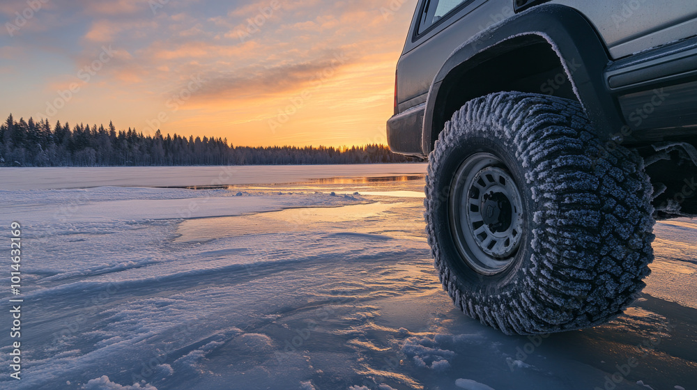 Off-road vehicle with rugged tires parked on a frozen lake during sunset, highlighting winter adventure, icy terrain, and scenic beauty.
Off-road vehicle with rugged tires parked on a frozen lake during sunset, highlighting winter adventure, icy terrain, and scenic beauty.