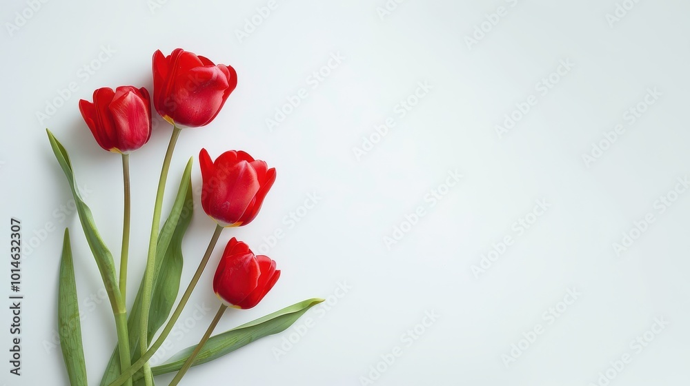 Elegant red tulips on minimalist white background for spring floral design Elegant red tulips on minimalist white background for spring floral design