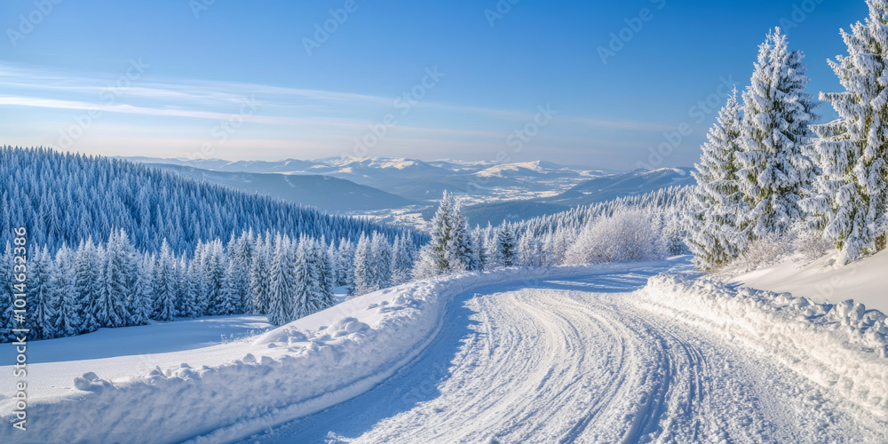 Fototapeta premium A scenic winter landscape with a winding snow-covered road passing through a frosty forest, surrounded by snowy mountains and clear blue skies.