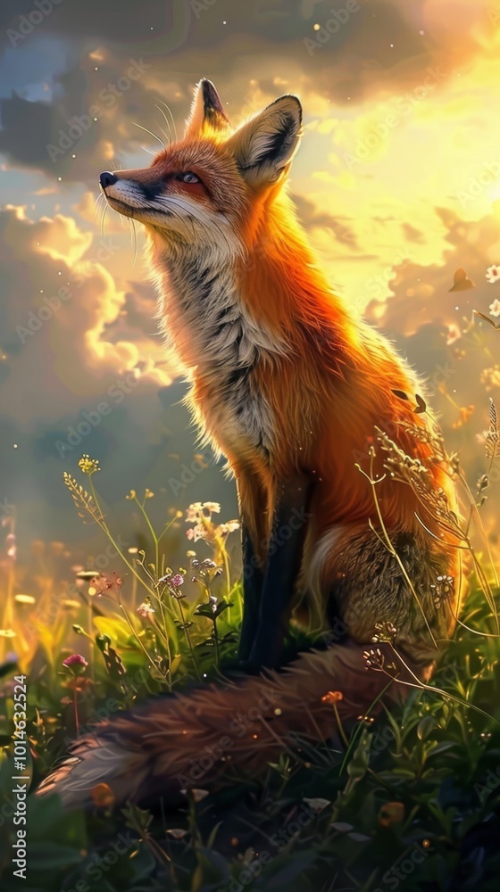 Obraz premium A fox is sitting in a field of flowers. The fox is orange and has a happy expression on its face