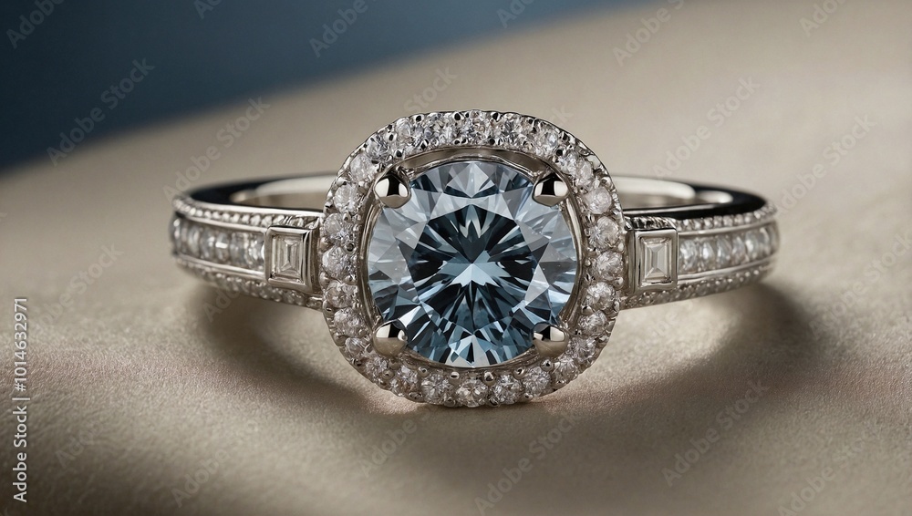 Studio styled photography of a gold ring featuring a huge blue diamond as the centerpiece, surrounded by numerous smaller diamond embellishments Studio styled photography of a gold ring featuring a huge blue diamond as the centerpiece, surrounded by numerous smaller diamond embellishments