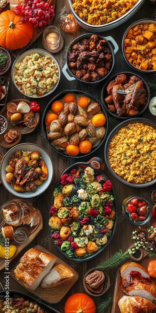 A table full of food with a variety of dishes including a pumpkin A table full of food with a variety of dishes including a pumpkin