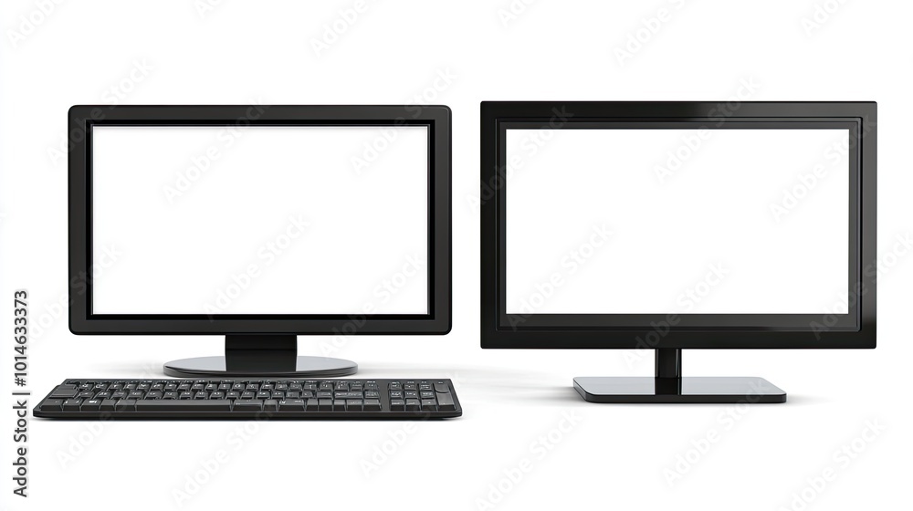 A clear image of a desktop computer and television with bright white screens on a plain white background, perfect for showcasing modern tech or mockup designs.