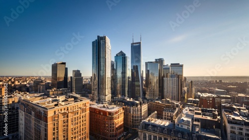 Sunlit Urban Skyline with Striking Architectural Contrasts