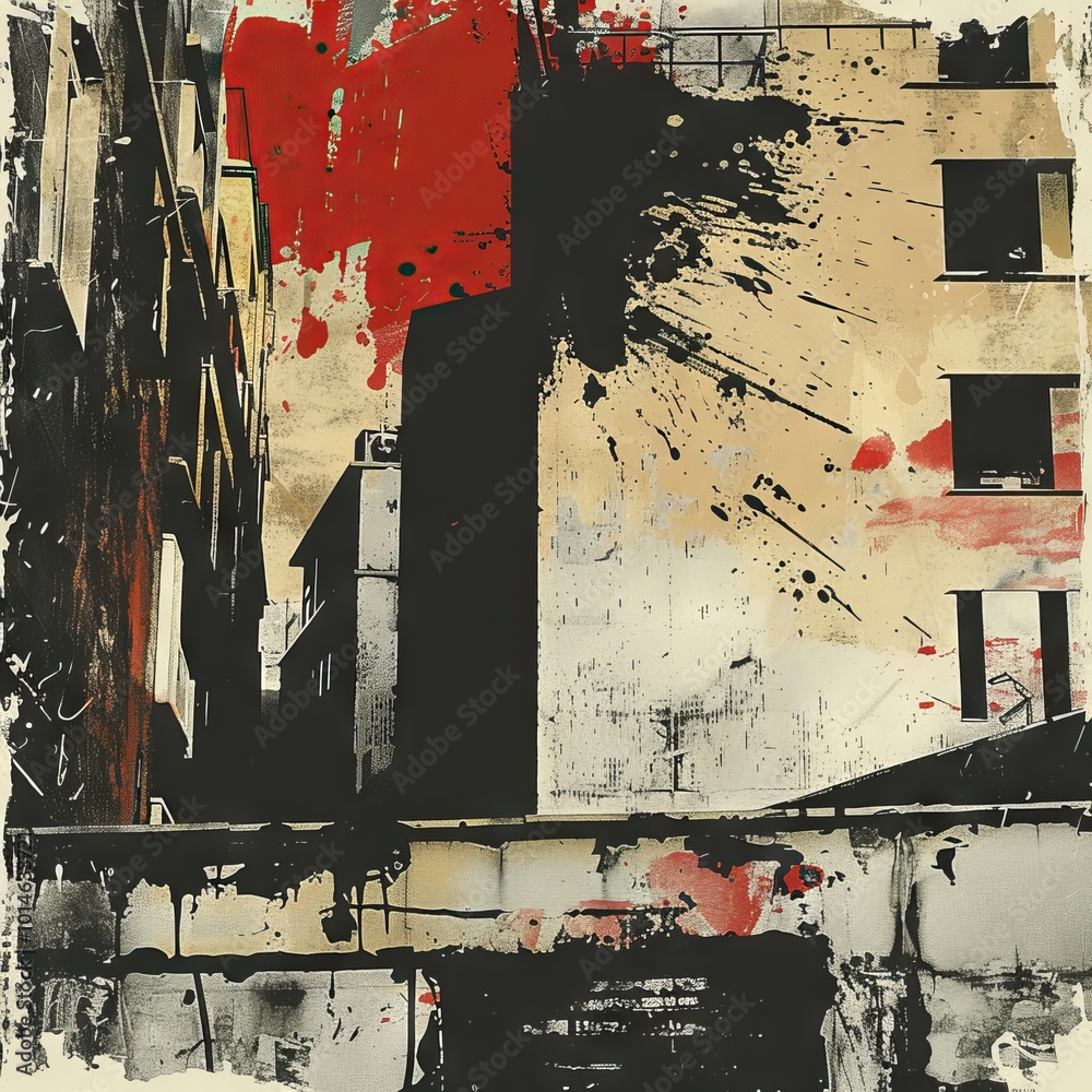 Fototapeta premium Dynamic urban abstract art featuring bold red and black paint splashes on building walls, capturing the essence of modern city life.